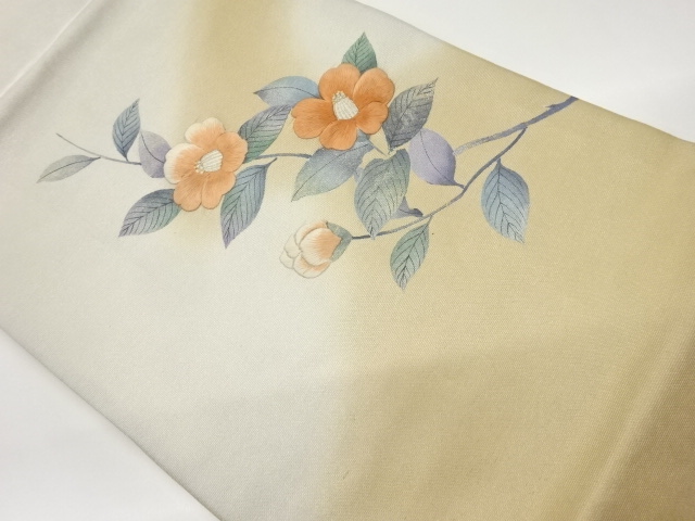 引箔手描き椿模様刺繍名古屋帯